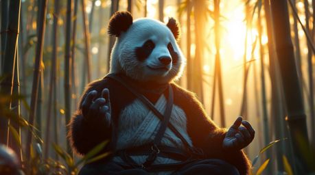 A breathtaking, modern depiction of a martial artist panda finding inner peace through meditation in a serene bamboo forest. 