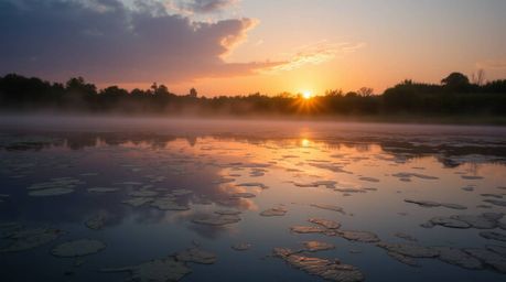 A serene image capturing a calm pond reflecting a vibrant sunset, bathed in warm golden hour light. The scene features cool b