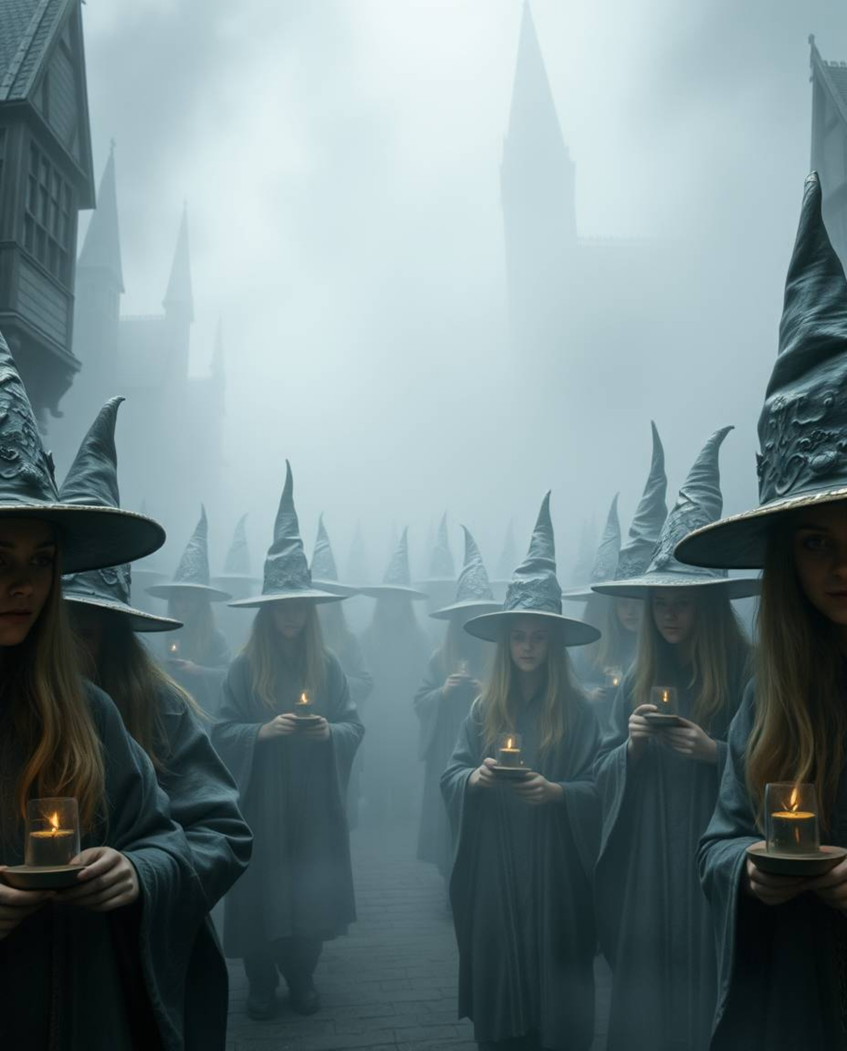 Discover a captivating image of a magical school shrouded in thick fog.  Antique-looking young wizards, rendered in bronze to