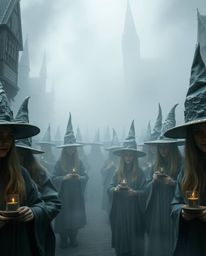 Discover a captivating image of a magical school shrouded in thick fog.  Antique-looking young wizards, rendered in bronze to