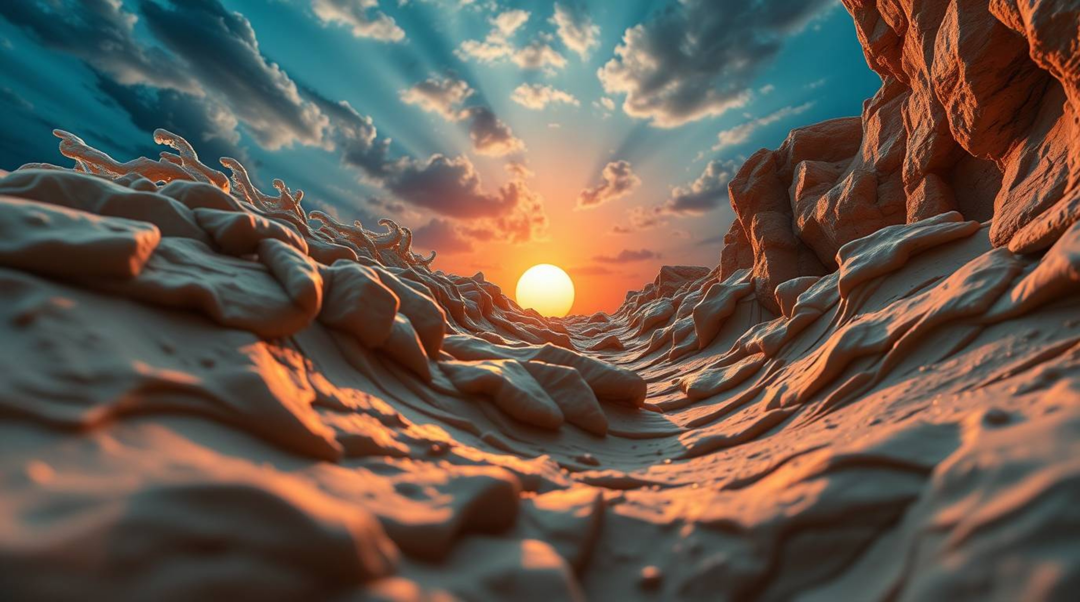 A stunning low-angle clay art sculpture depicting waves crashing against cliffs under a blazing sunset sky.  The piece featur