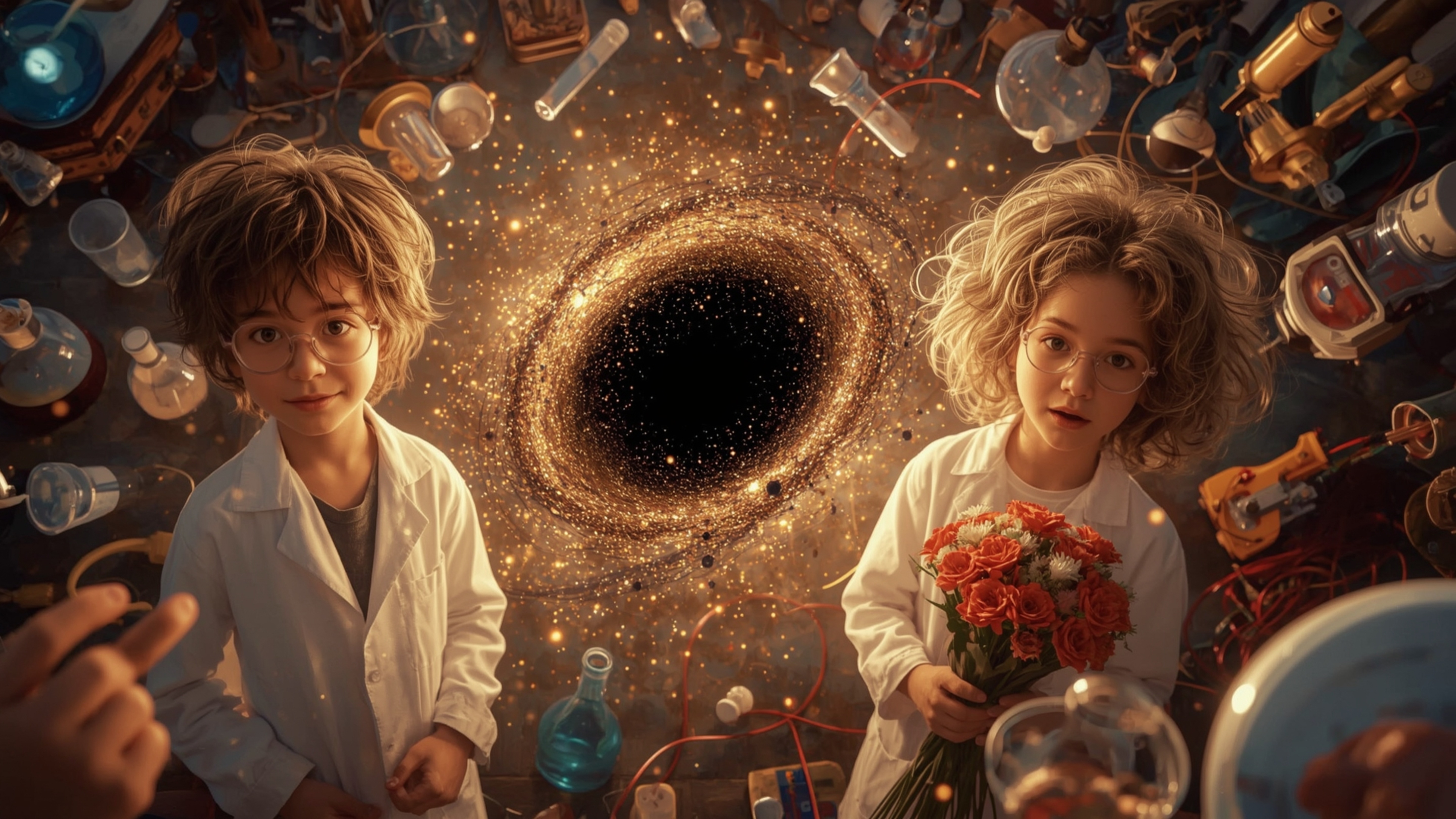 In a cinematic, warmly lit photograph rendered in a whimsical, Pixar-inspired style, a dynamic science fair duo—a boy with in
