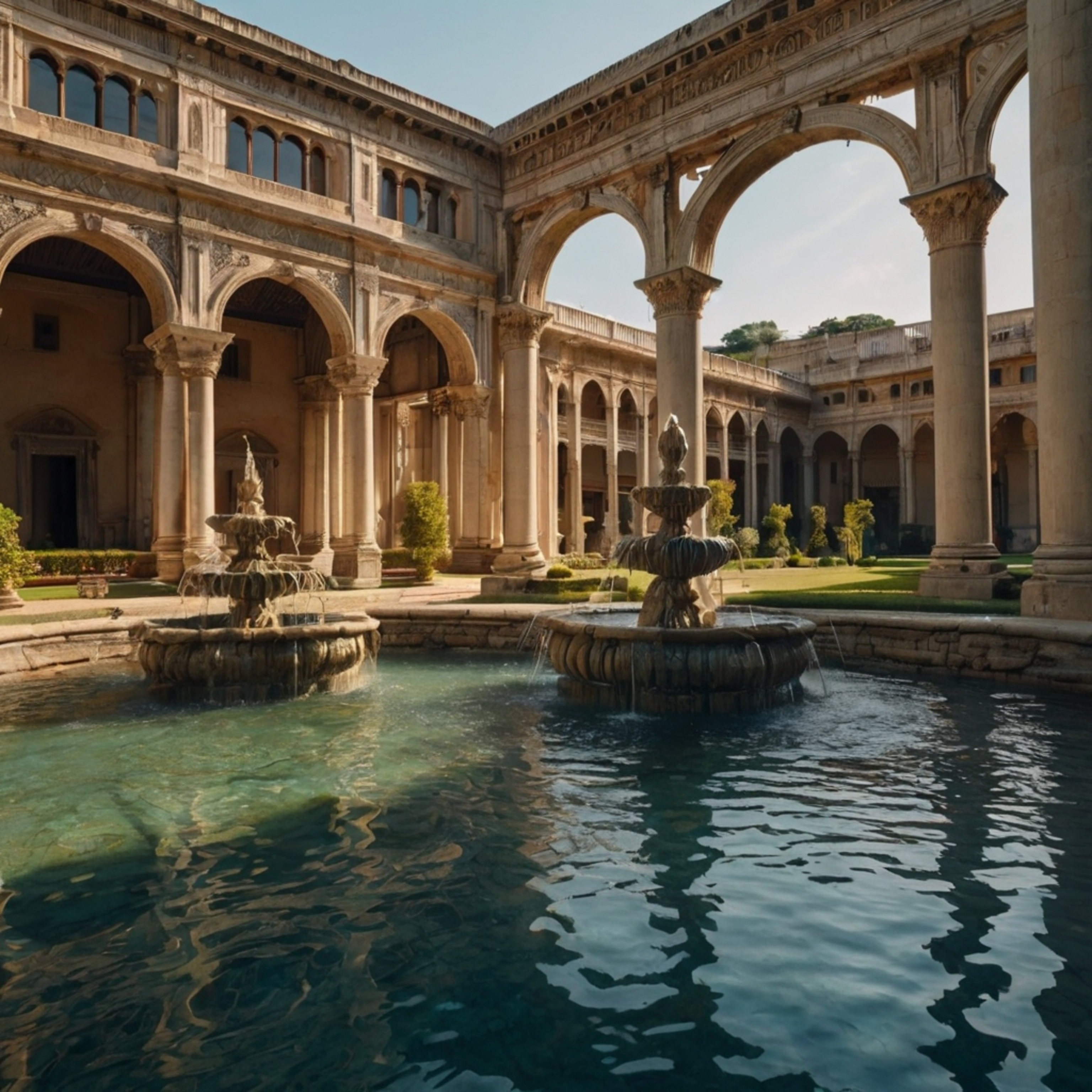 Explore a magnificent historical palace featuring impressive grand pillars, beautifully landscaped sprawling gardens, and stu
