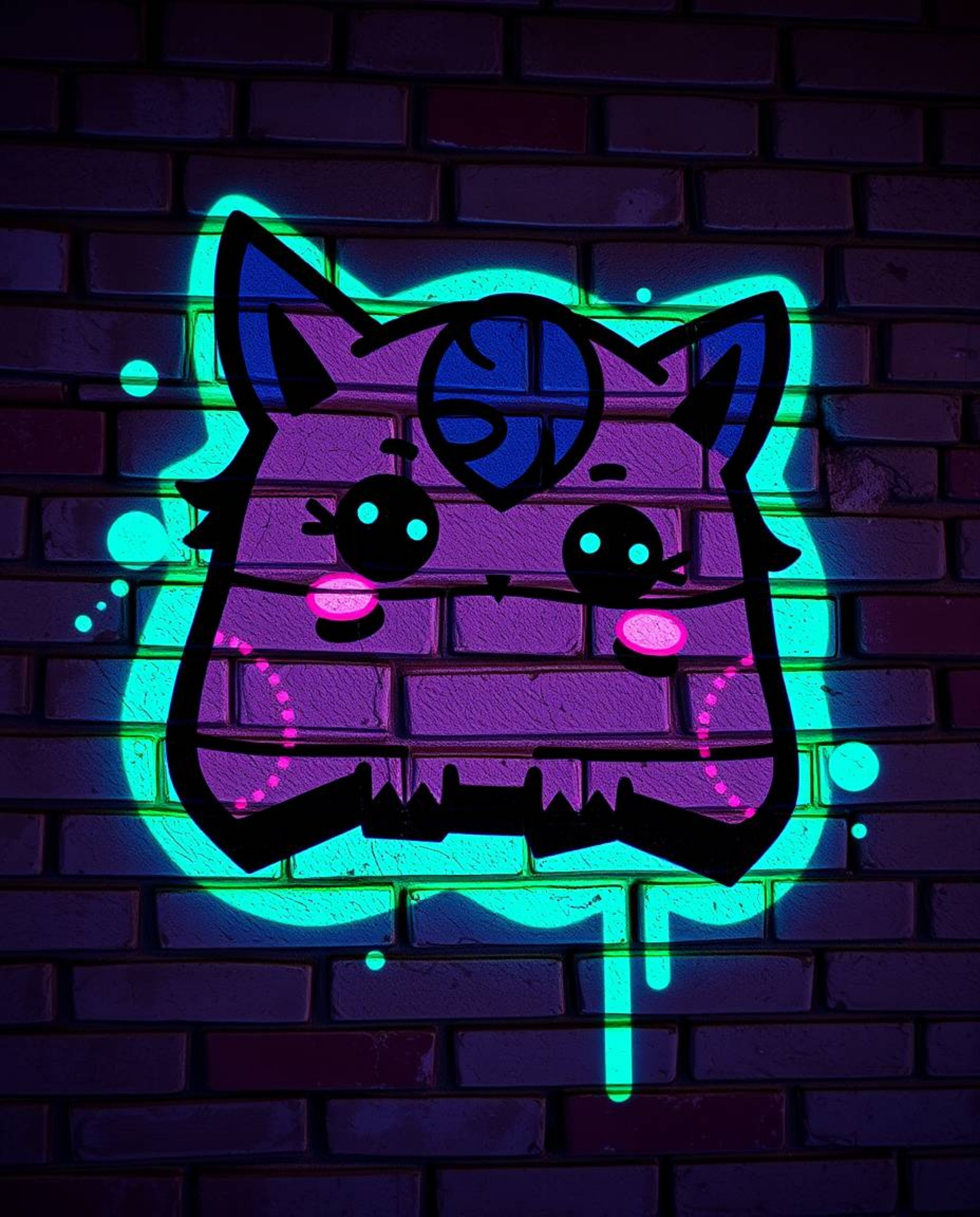 Discover adorable and cute graffiti-style artwork on a brick wall, featuring bioluminescent colors and charming details. This
