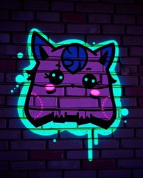 Discover adorable and cute graffiti-style artwork on a brick wall, featuring bioluminescent colors and charming details. This