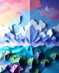 Intricate origami-style art depicts a colorful sky over a coral reef at low tide. This piece is illuminated by volumetric lig