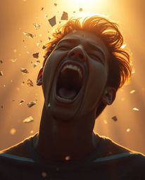 A dramatic scene unfolds as a person screams, their reality dissolving into a mesmerizing array of pixels bathed in the warm,