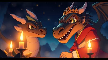 A captivating Isekai anime scene showcases a charming prince and a formidable dragon, bathed in the warm glow of candlelight.