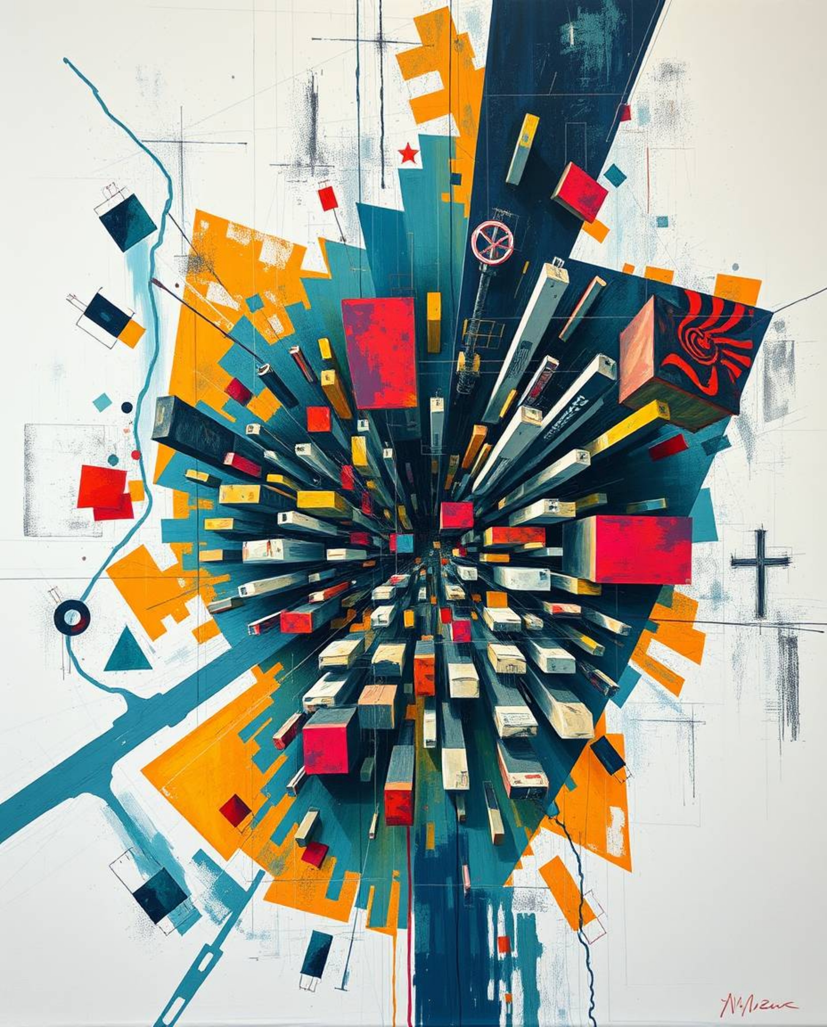 This artwork presents an abstract city map composed of geometric shapes, offering a top-down perspective rendered in a dramat