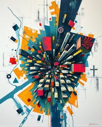This artwork presents an abstract city map composed of geometric shapes, offering a top-down perspective rendered in a dramat