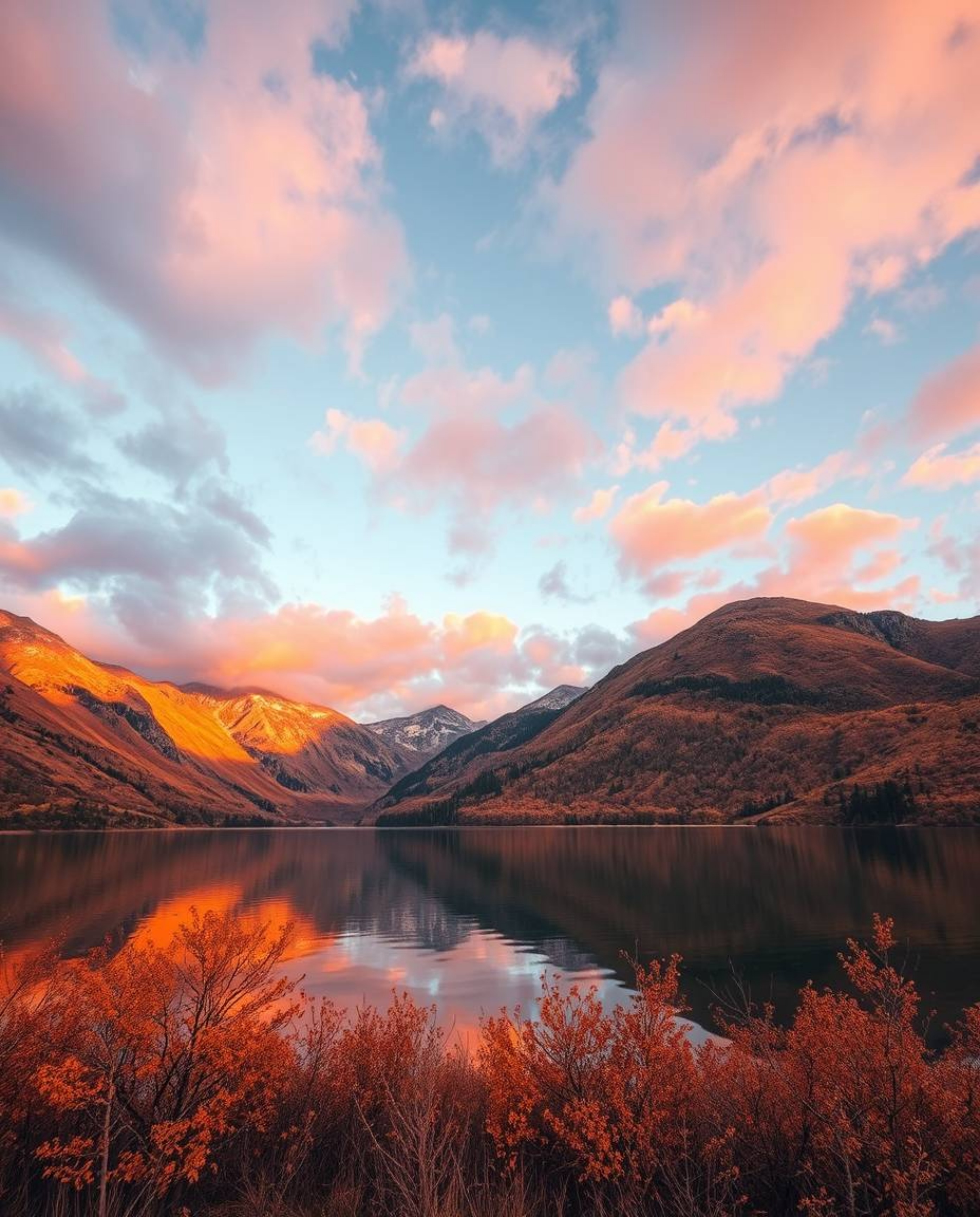A scene depicting the reflections of fiery clouds in a mountain lake is bathed in warm autumnal colors. This composition crea