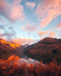 A scene depicting the reflections of fiery clouds in a mountain lake is bathed in warm autumnal colors. This composition crea