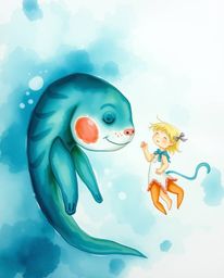 A delicate watercolor painting showcasing the blossoming friendship between a sea creature and a child. Rich, deep teal and t