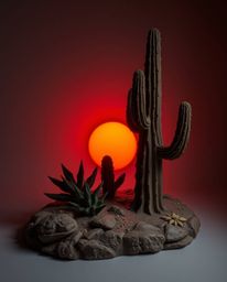 A sculptural clay artwork captures a desert cactus glowing in the sunset. Rendered in a moody style with low contrast, the pi