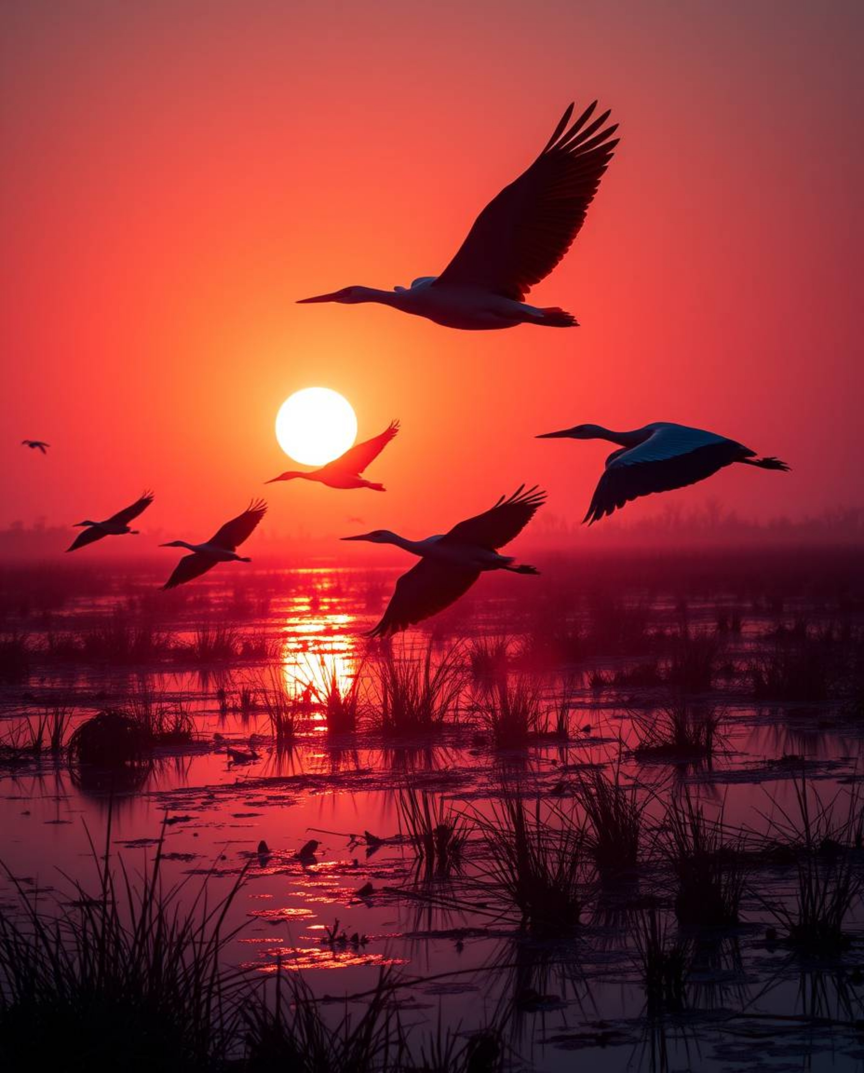 A sophisticated and elegant image depicting a golden hour scene in wetlands, with herons in flight. This artwork is rendered 