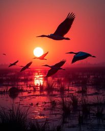 A sophisticated and elegant image depicting a golden hour scene in wetlands, with herons in flight. This artwork is rendered 