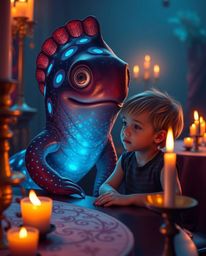 A captivating scene depicts a bioluminescent sea creature forging an unlikely friendship with a child. The elegant setting,