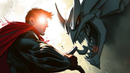 A captivating digital sketch showcases a superhero in a dramatic, misty atmosphere, battling a comically silly villain.  The 