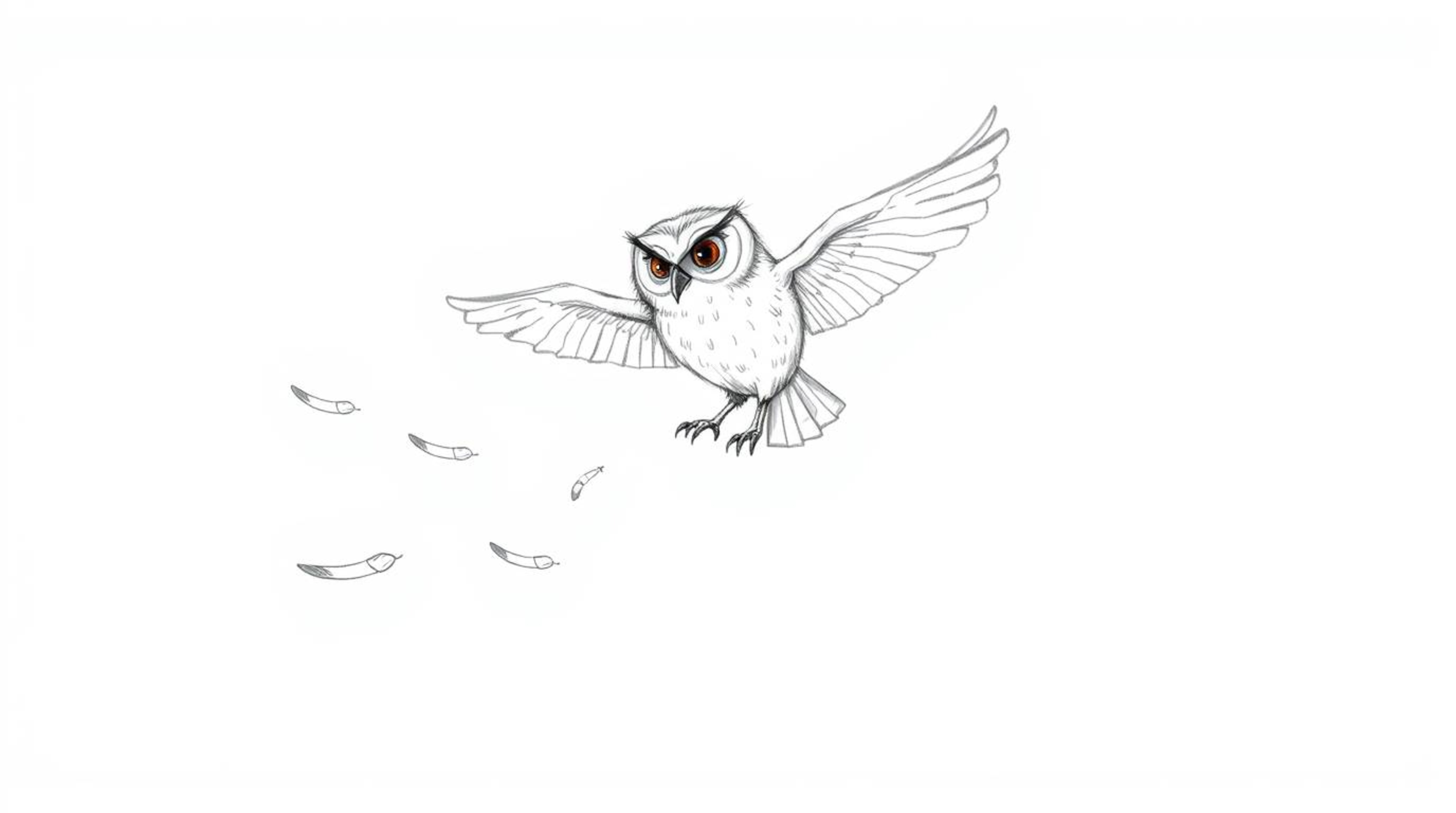 A heartwarming hand-drawn sketch in the style of Pixar depicts a blind owl, feathers softly rendered, imparting wisdom on fli