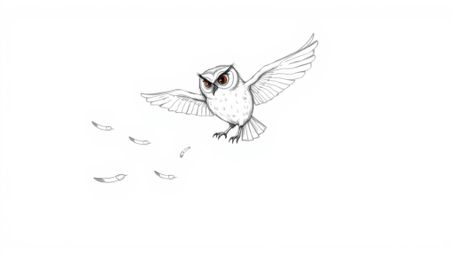 A heartwarming hand-drawn sketch in the style of Pixar depicts a blind owl, feathers softly rendered, imparting wisdom on fli