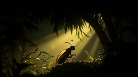 Embark on a miniature adventure with a bug-sized hero as they navigate a dark and mysterious backyard jungle.  Bathed in soft