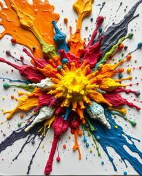 This artwork presents a sculptural clay creation captured from a bird's-eye perspective, showcasing a vibrant explosion of co
