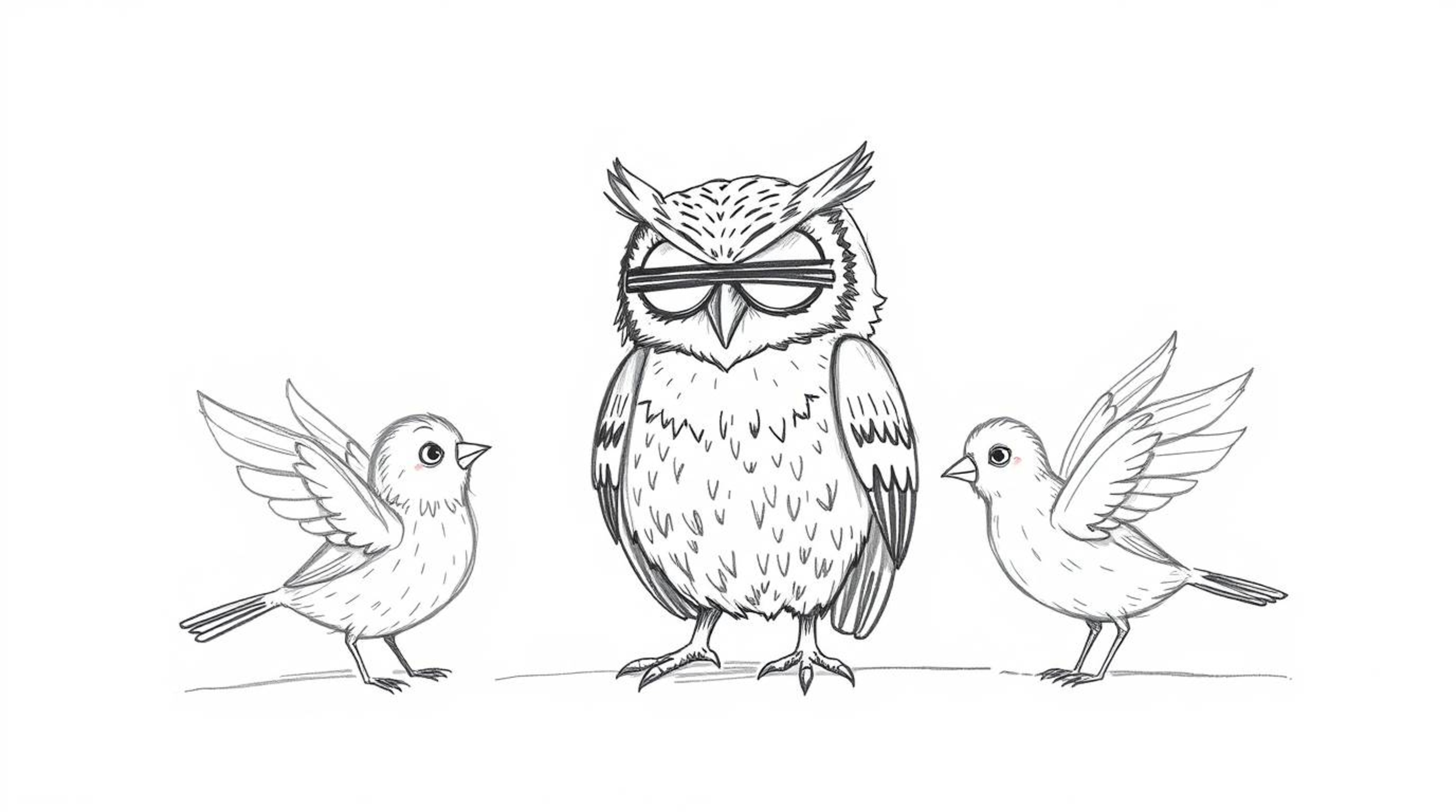 A heartwarming hand-drawn sketch in Pixar style depicts a blind owl patiently guiding birds in sketching their fantasy wings.