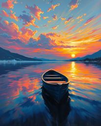 A classic oil painting captures a boat drifting on a vibrant sunset lake, made extraordinary by the addition of glowing biolu
