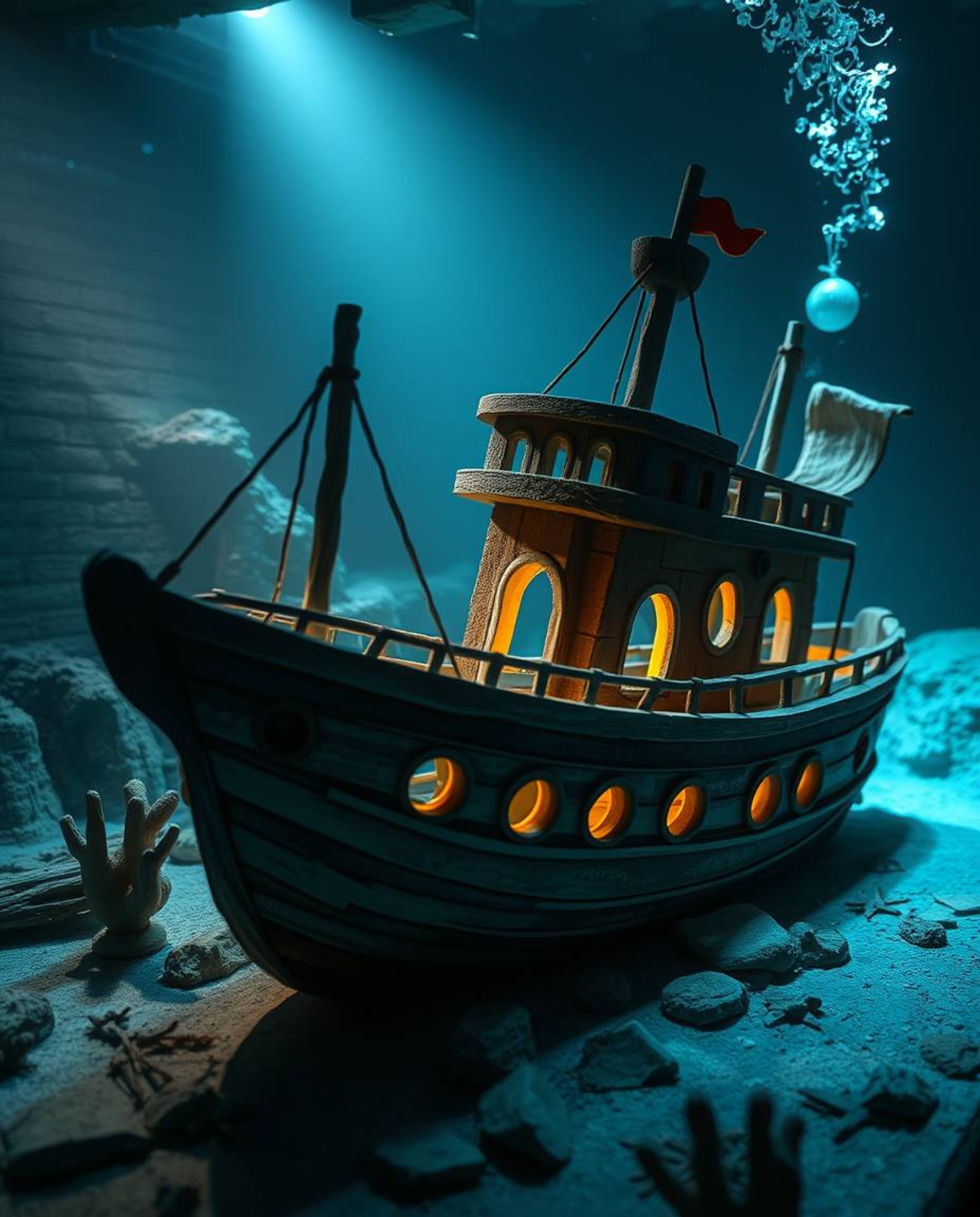 Discover an adorable papier-mâché shipwreck, meticulously crafted with layered textures and charming features.  Illuminated d