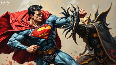 A classic oil painting depicting a superhero with a cape engaged in battle with a comical villain. The artwork emphasizes ric