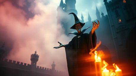 Explore a dreamlike world where a classic Disney villain casts a mesmerizing spell within the ancient walls of an old castle.