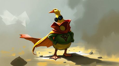 Immerse yourself in a misty, atmospheric digital sketch featuring a duck in a zany superhero costume. This concept art style 
