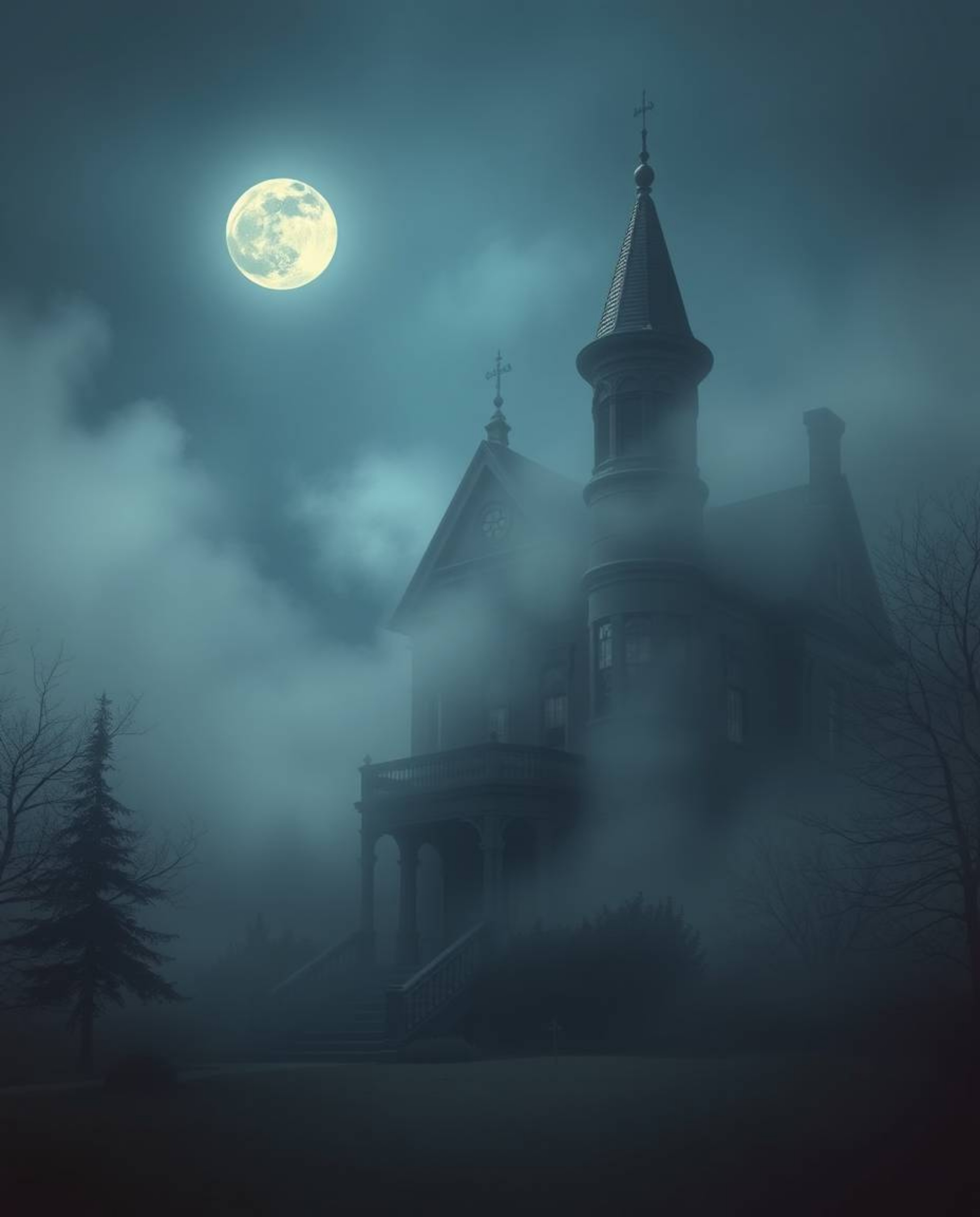 A captivating digital painting showcases a fog-laden Victorian mansion bathed in the eerie glow of moonlight. The artwork mas