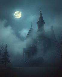 A captivating digital painting showcases a fog-laden Victorian mansion bathed in the eerie glow of moonlight. The artwork mas