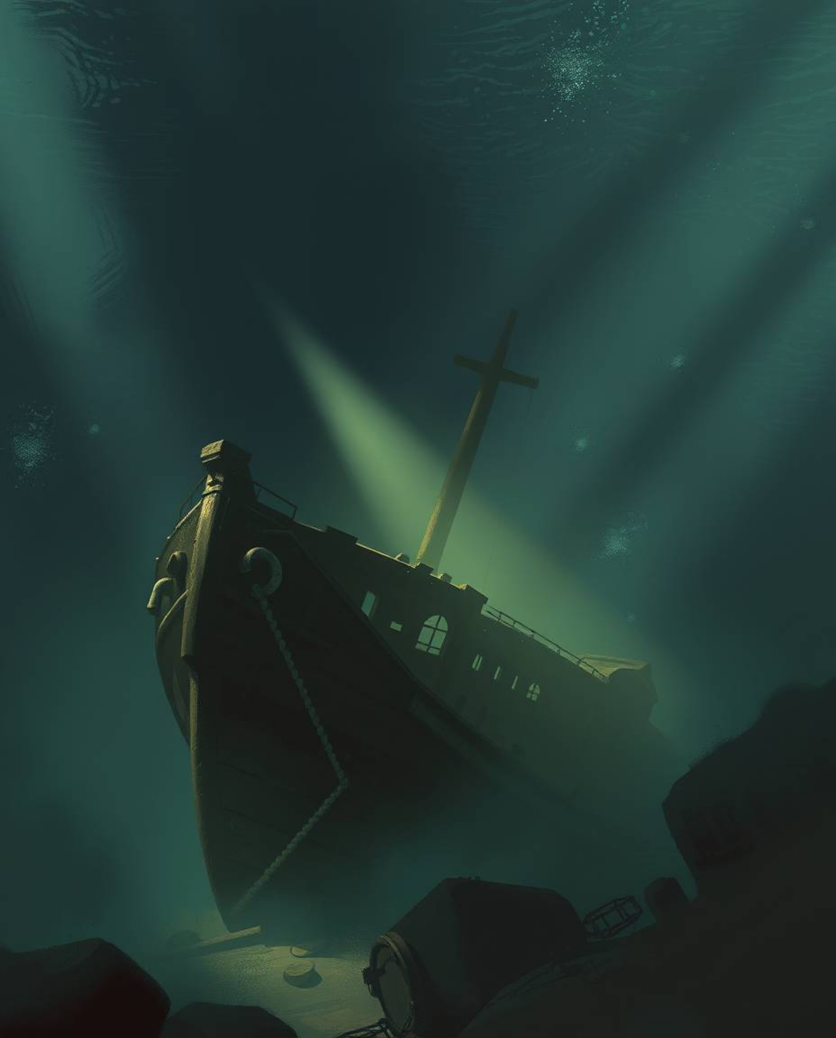 Discover a captivating digital painting of a shipwreck deep underwater, bathed in volumetric lighting.  The artwork features 