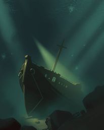Discover a captivating digital painting of a shipwreck deep underwater, bathed in volumetric lighting.  The artwork features 