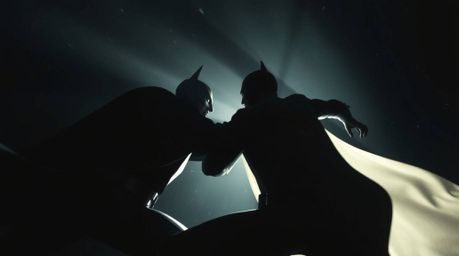 A captivating high-angle shot showcases a dramatic superhero battle.  High-contrast, low-key lighting and deep shadows intens