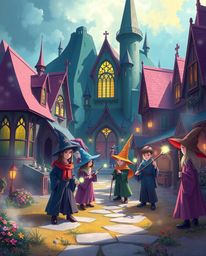Discover a dreamlike magical school brimming with young wizards, depicted in a captivating style. The artwork showcases vibr
