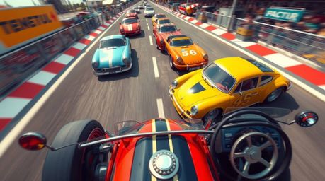 Experience the thrill of a wacky racing scene from a high-angle perspective, featuring outlandish cars in a vibrant and visua