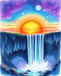 A hand-drawn color sketchnote depicting an ethereal, spiritual vibe sunset behind a dramatic waterfall. This artwork features