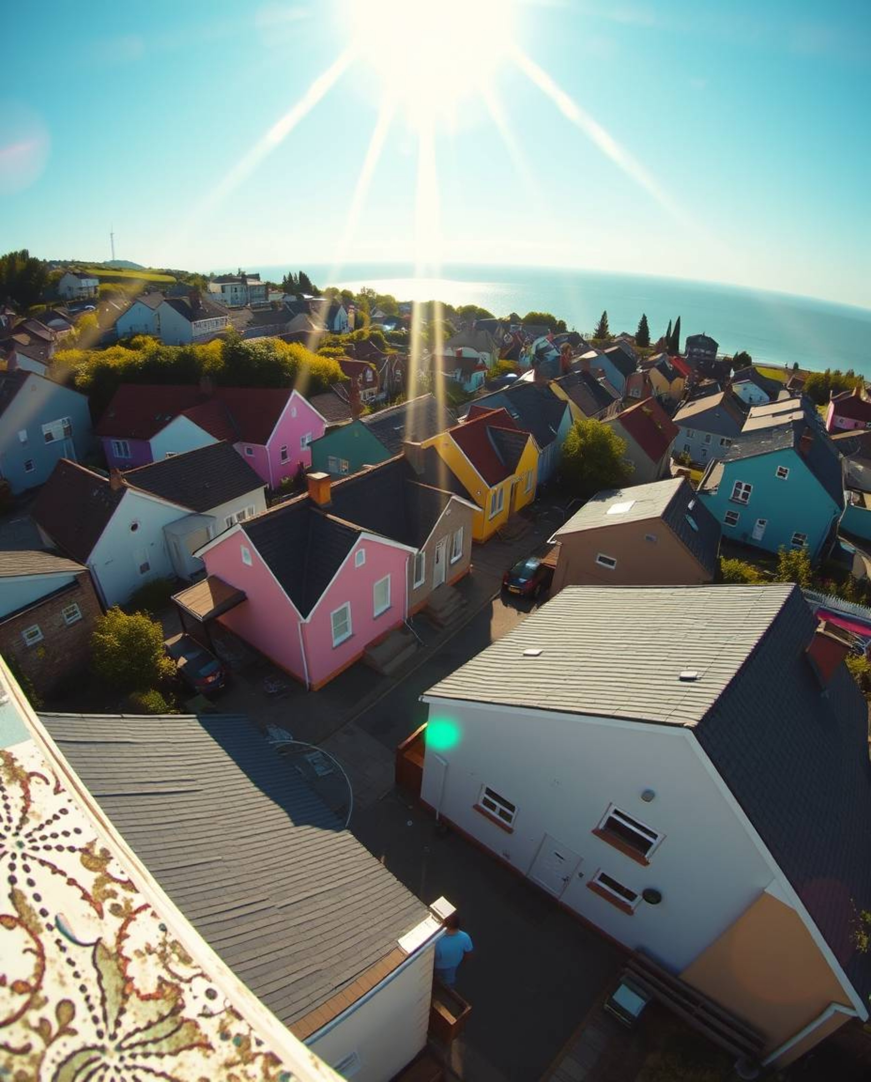 Discover a captivating high-angle perspective of a serene sleepy town, depicted in a dreamy watercolor style.  Pastel-colored