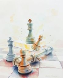 This collection showcases a unique watercolor painting of a chessboard frozen in mid-air destruction. Rendered in soft pastel