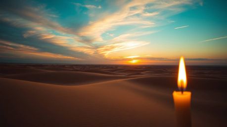 A captivating photograph showcases a vibrant sunset over golden desert dunes.  Cool blues, greens, and purples in the sky con