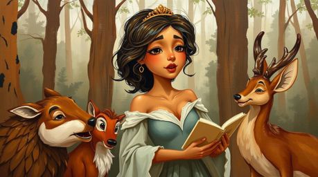 This acrylic painting captures a serene scene of a tan-skinned princess singing to forest animals in a vintage 2D animation s