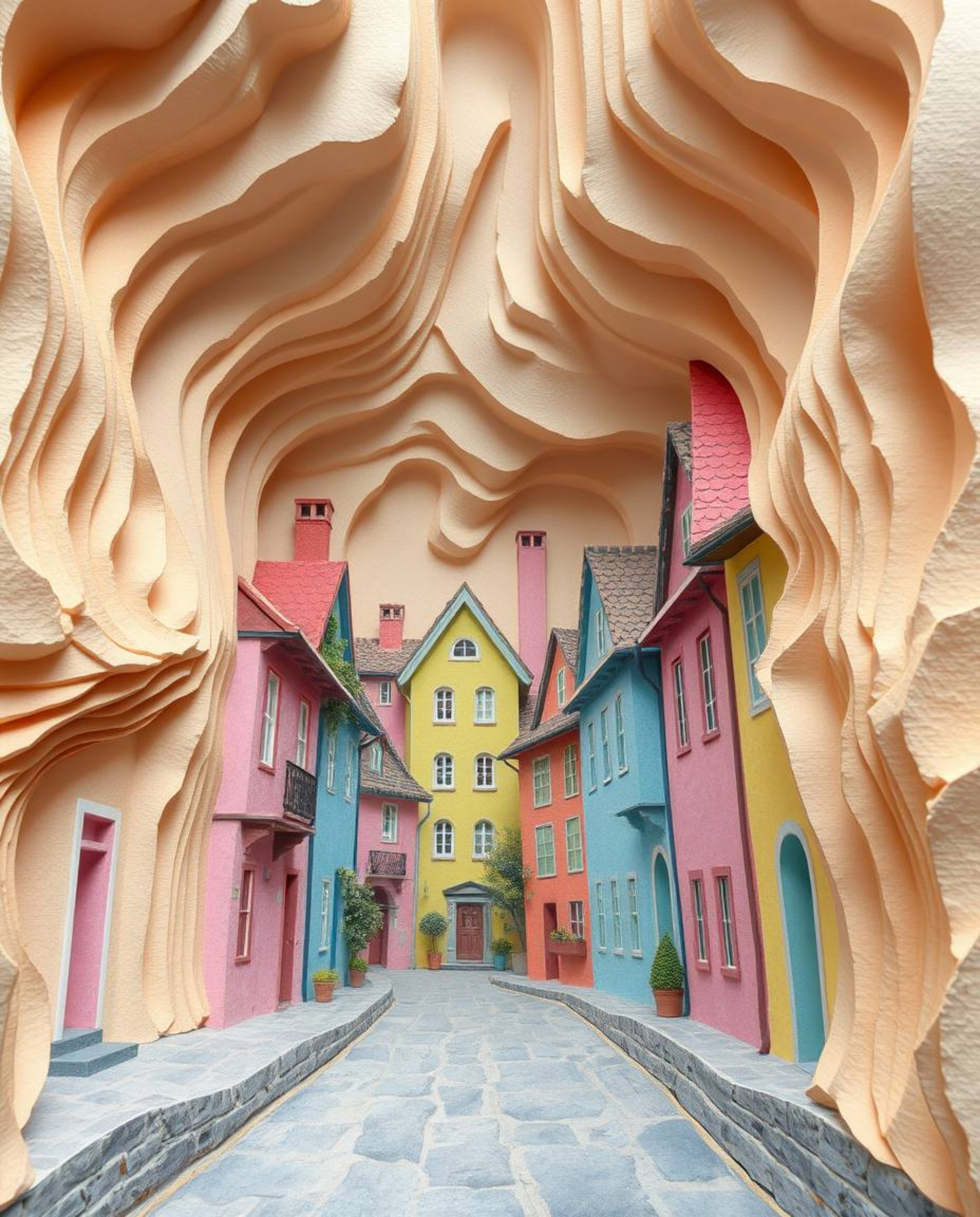 Explore a whimsical watercolor painting depicting a sleepy town adorned with pastel-colored houses. This unique artwork feat