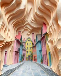 Explore a whimsical watercolor painting depicting a sleepy town adorned with pastel-colored houses.  This unique artwork feat