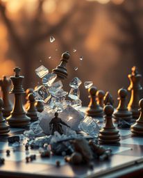 Experience a surreal and bizarre scene with this artwork depicting a chessboard with pieces frozen mid-air in a moment of des