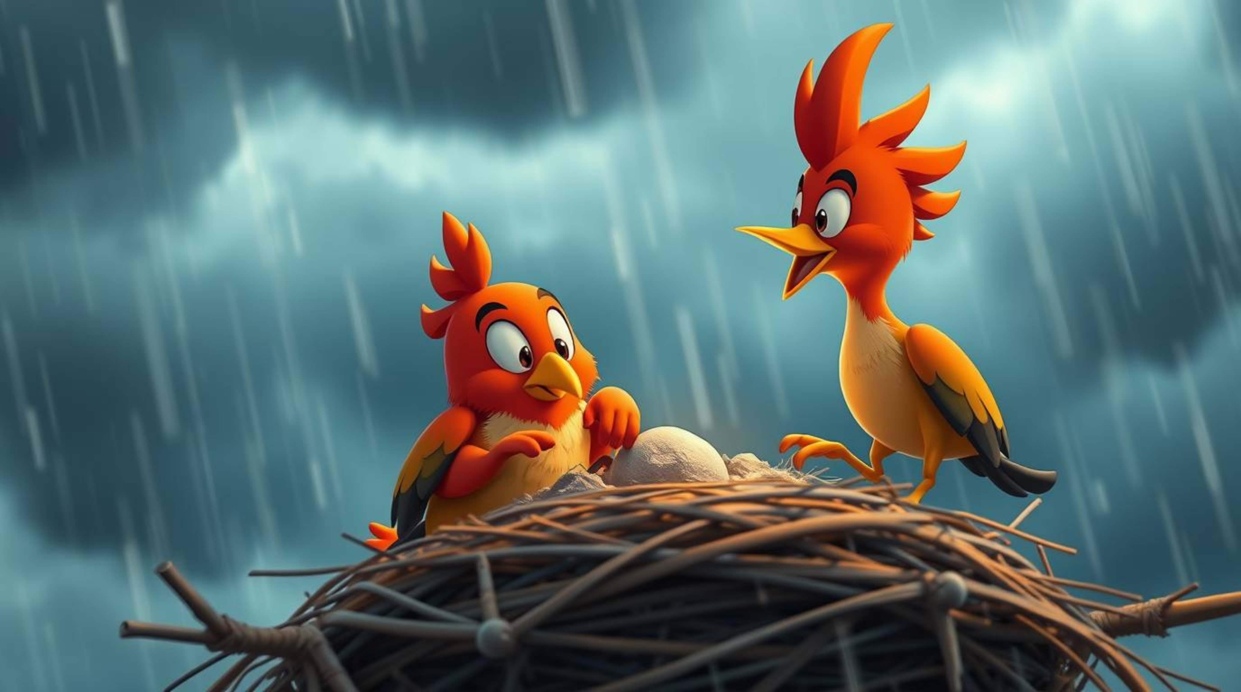 An extreme macro close-up image showcasing two cartoon birds diligently building a nest in a classic animation style. The sce