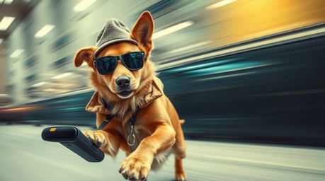 Immerse yourself in a dynamic action scene featuring a dog detective utilizing cutting-edge high-tech gadgets. This vibrant a