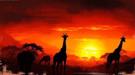Explore a dynamic digital sketch depicting a savanna sunset with silhouetted giraffes. This captivating artwork showcases com